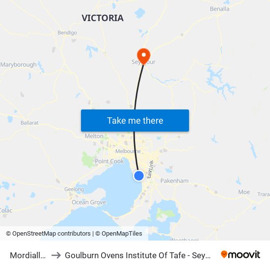 Mordialloc to Goulburn Ovens Institute Of Tafe - Seymour map