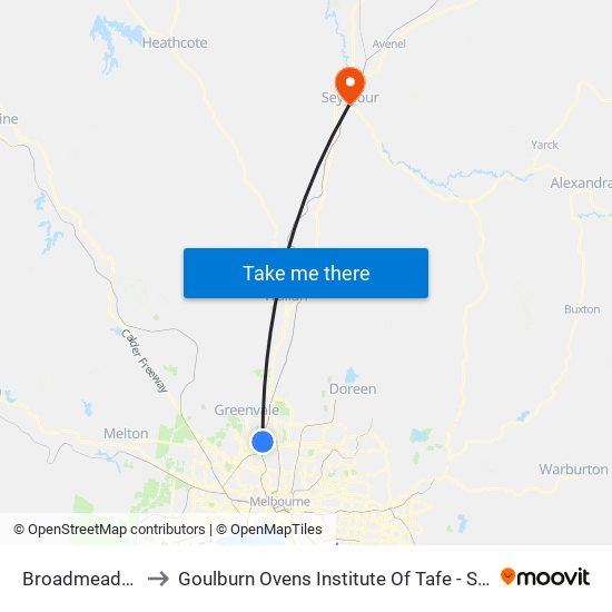 Broadmeadows to Goulburn Ovens Institute Of Tafe - Seymour map