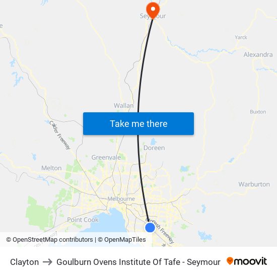 Clayton to Goulburn Ovens Institute Of Tafe - Seymour map