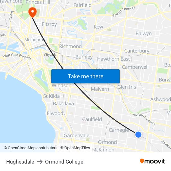 Hughesdale to Ormond College map