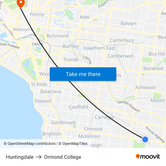 Huntingdale to Ormond College map