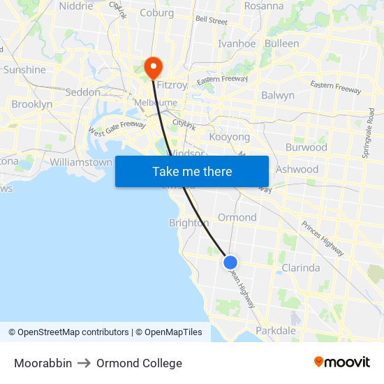 Moorabbin to Ormond College map