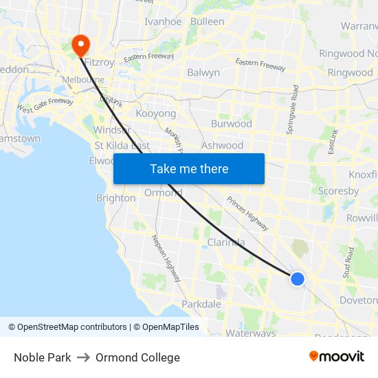 Noble Park to Ormond College map