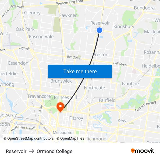 Reservoir to Ormond College map