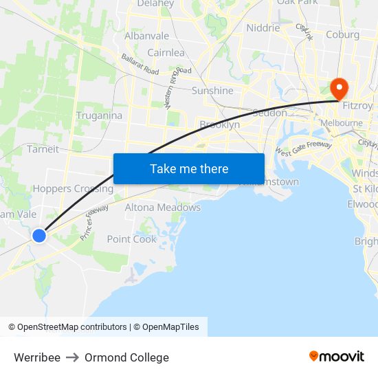 Werribee to Ormond College map