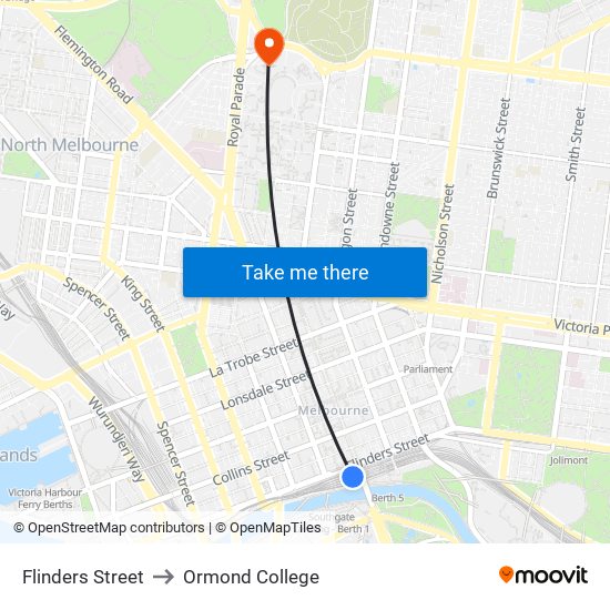 Flinders Street to Ormond College map