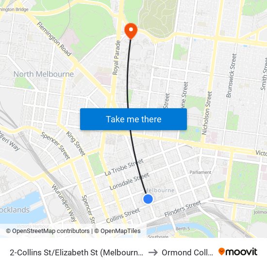 2-Collins St/Elizabeth St (Melbourne City) to Ormond College map