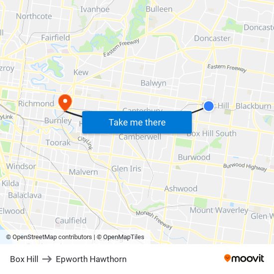 Box Hill to Epworth Hawthorn map