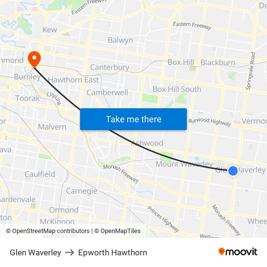 Glen Waverley to Epworth Hawthorn map