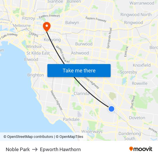 Noble Park to Epworth Hawthorn map