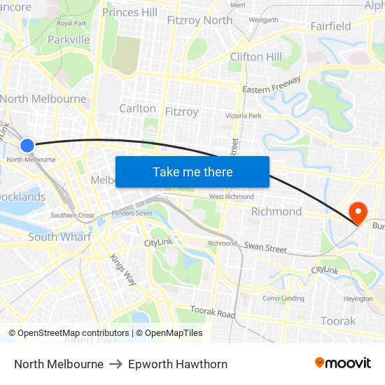 North Melbourne to Epworth Hawthorn map