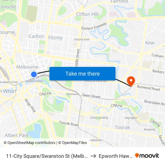 11-City Square/Swanston St (Melbourne City) to Epworth Hawthorn map