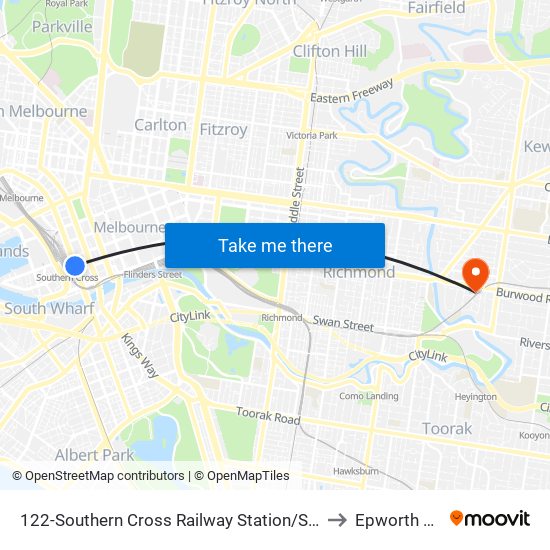 122-Southern Cross Railway Station/Spencer St (Melbourne City) to Epworth Hawthorn map