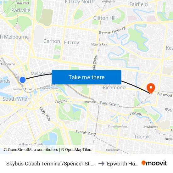 Skybus Coach Terminal/Spencer St (Melbourne City) to Epworth Hawthorn map