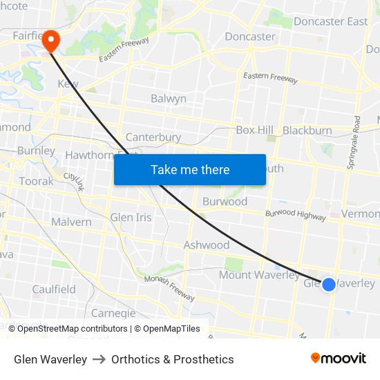 Glen Waverley to Orthotics & Prosthetics map