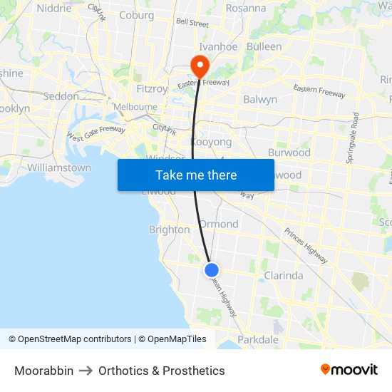 Moorabbin to Orthotics & Prosthetics map