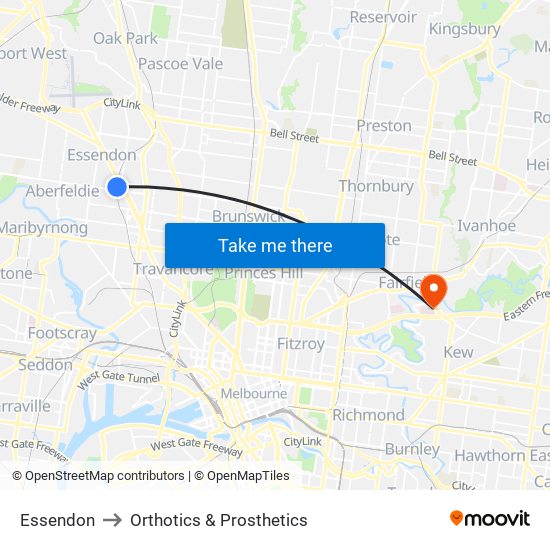 Essendon to Orthotics & Prosthetics map