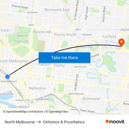 North Melbourne to Orthotics & Prosthetics map