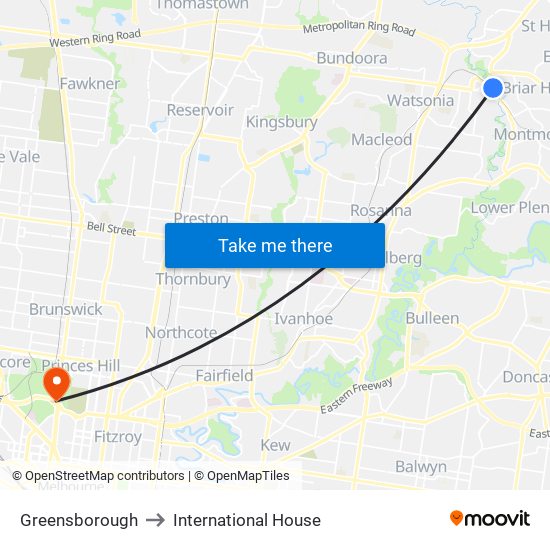 Greensborough to International House map