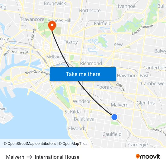 Malvern to International House map