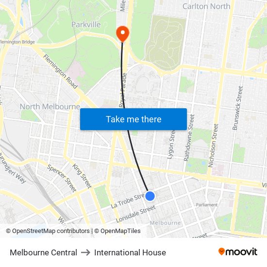 Melbourne Central to International House map