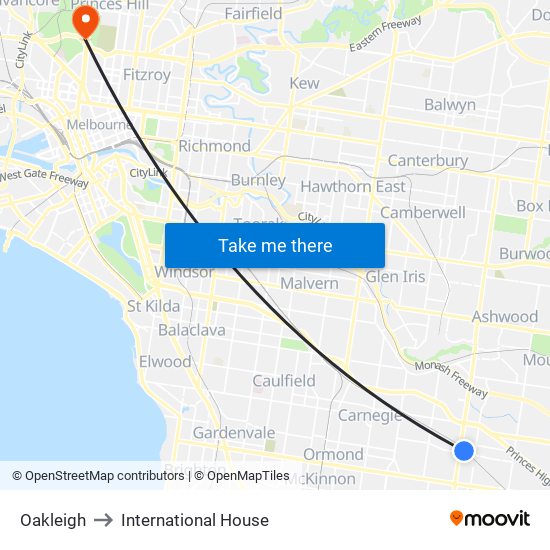 Oakleigh to International House map