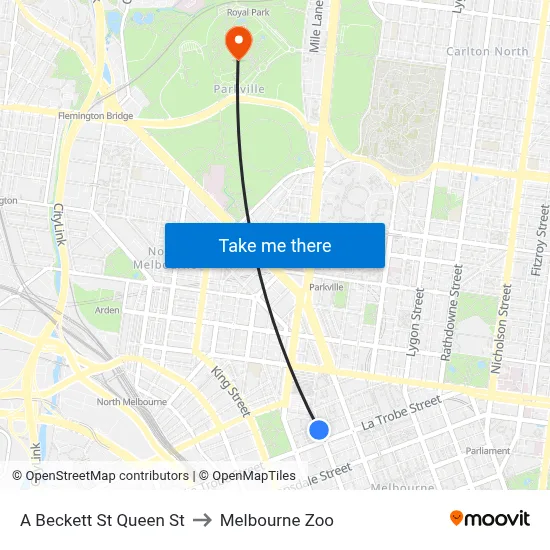 A Beckett St Queen St to Melbourne Zoo map