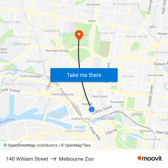 140 William Street to Melbourne Zoo map