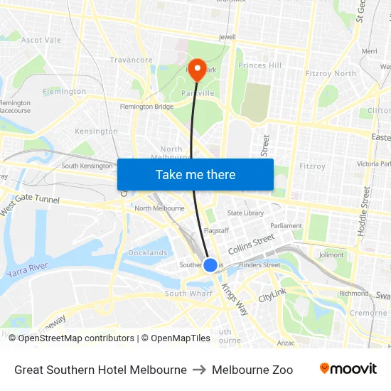 Great Southern Hotel Melbourne to Melbourne Zoo map