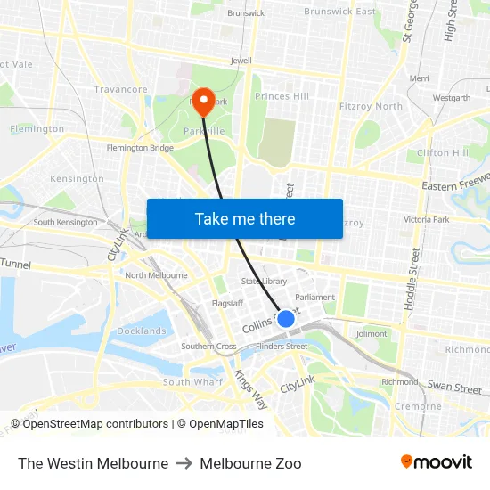 The Westin Melbourne to Melbourne Zoo map