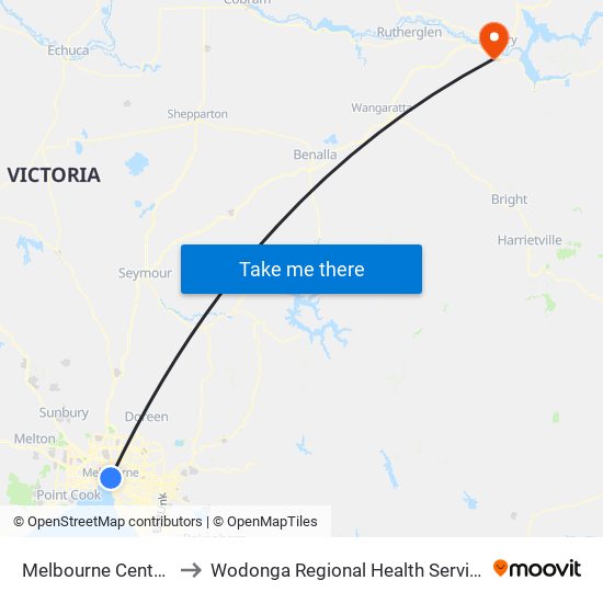 Melbourne Central to Wodonga Regional Health Service map