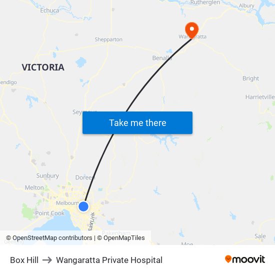 Box Hill to Wangaratta Private Hospital map