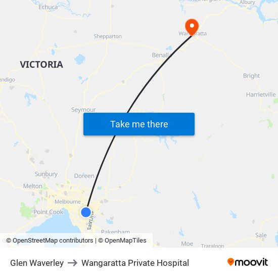 Glen Waverley to Wangaratta Private Hospital map