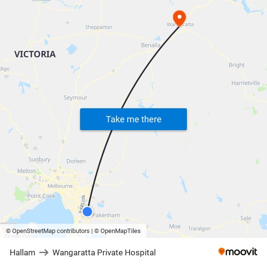 Hallam to Wangaratta Private Hospital map