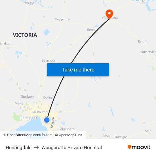 Huntingdale to Wangaratta Private Hospital map