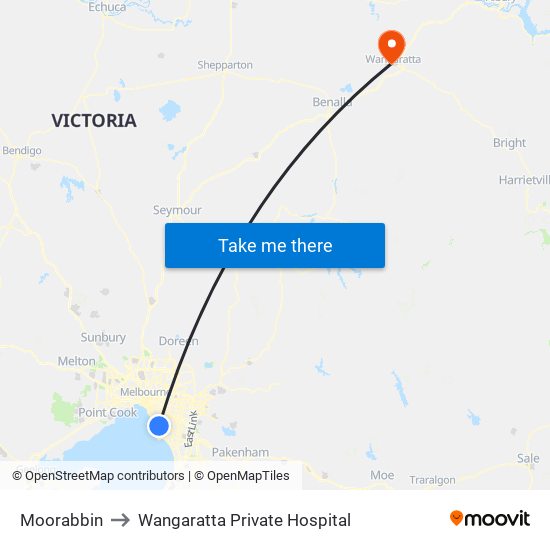 Moorabbin to Wangaratta Private Hospital map