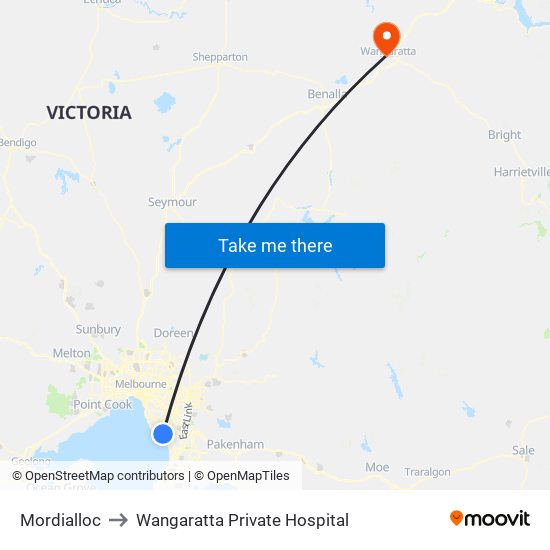 Mordialloc to Wangaratta Private Hospital map
