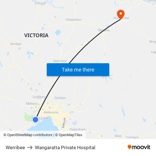 Werribee to Wangaratta Private Hospital map