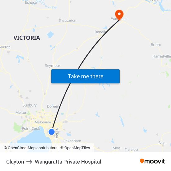 Clayton to Wangaratta Private Hospital map