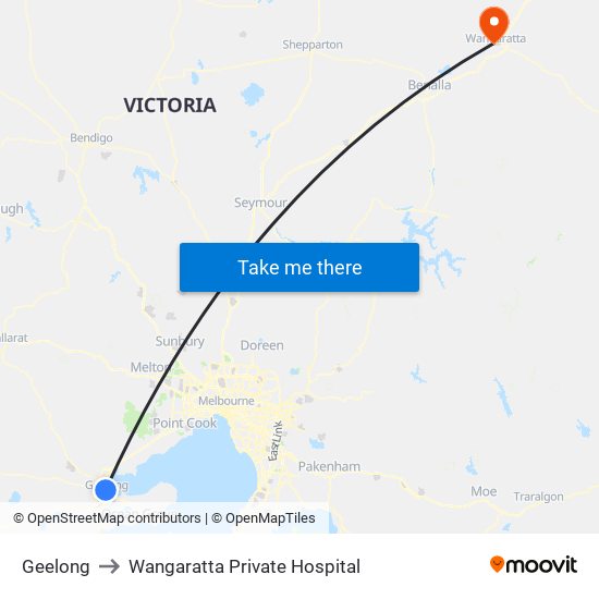 Geelong to Wangaratta Private Hospital map