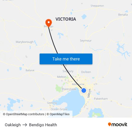 Oakleigh to Bendigo Health map