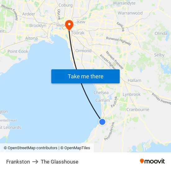 Frankston to The Glasshouse map