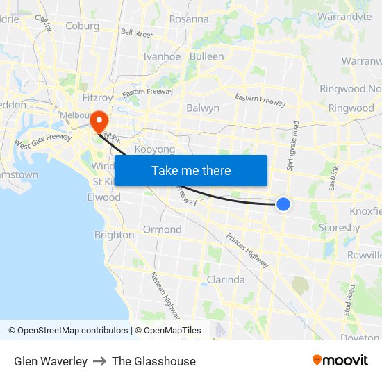 Glen Waverley to The Glasshouse map