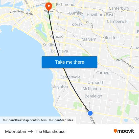 Moorabbin to The Glasshouse map