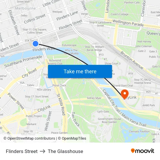 Flinders Street to The Glasshouse map