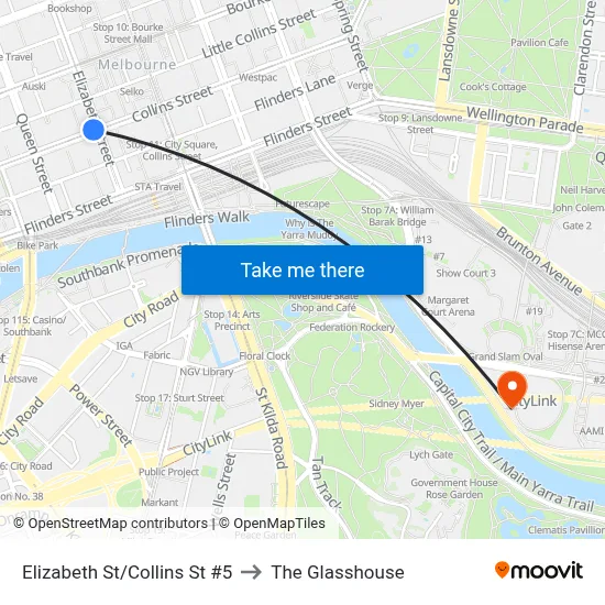 Elizabeth St/Collins St #5 to The Glasshouse map