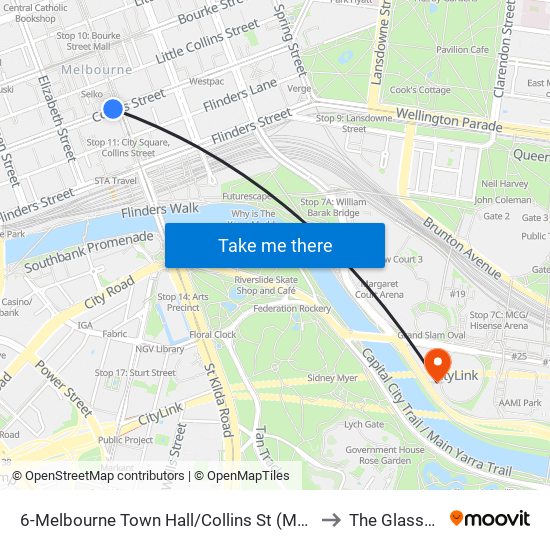 6-Melbourne Town Hall/Collins St (Melbourne City) to The Glasshouse map