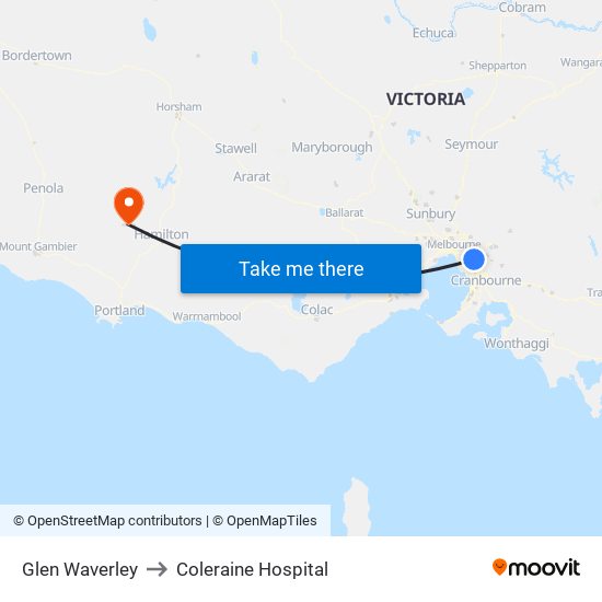 Glen Waverley to Coleraine Hospital map
