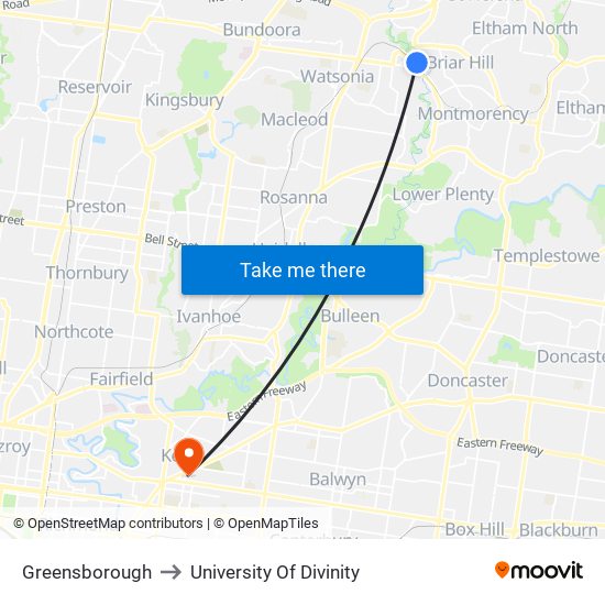 Greensborough to University Of Divinity map