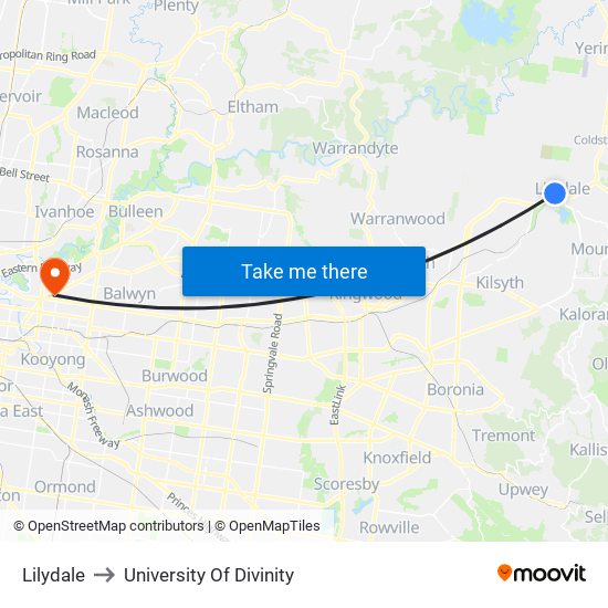 Lilydale to University Of Divinity map